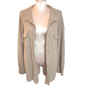 Womens Tan Waffle Knit Button Down Shacket Oversized Thermal Shirt Jacket XL